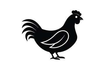 A black and white silhouette vector art of a chicken standing in profile.eps