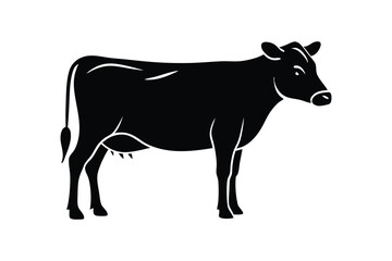 A black and white silhouette vector art of a cow standing in profile.eps