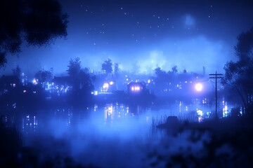 Obraz premium A mystical town reflecting on the water under a starry sky