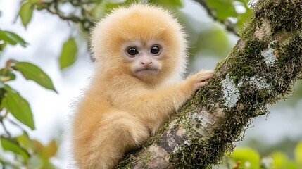 Adorable golden monkey baby clinging to a tree branch.