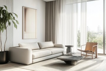 Fototapeta premium Luxury Living Room. Elegant Interior with Sophisticated Decor, Stylish Furniture, and Warm Ambiance. Interior Design and Real Estate Concept with Copy Space. Real Estate and Home Decor Concept.