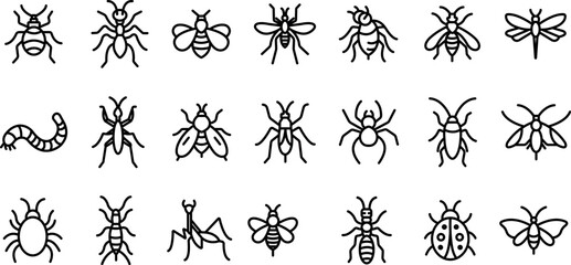 Danger Insect Thin Line Icons Set – Outline Bug Symbols Collection