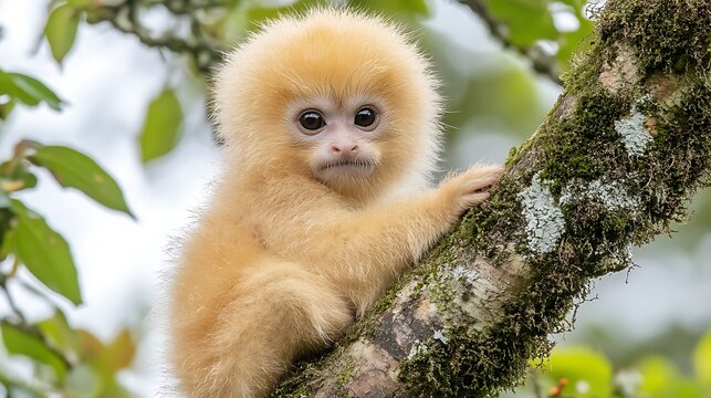 Adorable golden monkey baby clinging to a tree branch.