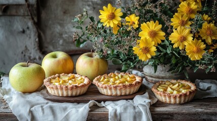 Rustic Still Life Apple Tarts & Flowers