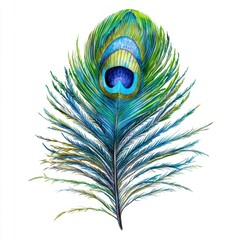 Fototapeta premium Close-up view of a stunning peacock feather displaying rich colors and intricate patterns in watercolor art style