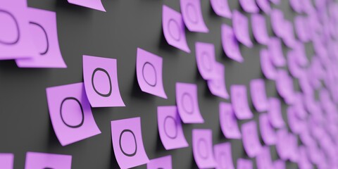 Many violet stickers on black board background with circle symbol drawn on them. Closeup view with narrow depth of field and selective focus. 3d render, Illustration