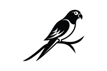 A black and white silhouette vector art of a parrot perched on a small branch.eps