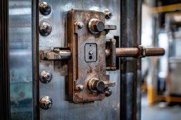 Close-up shot of a rusty, industrial vault door with intricate locking mechanisms. Use to symbolize security, history, protection, or the passage of time.