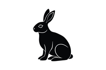 A black and white silhouette vector art of a rabbit sitting with its ears slightly tilted.eps