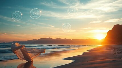 Serene Sunset Beach Scene Fabric Waves Spirals