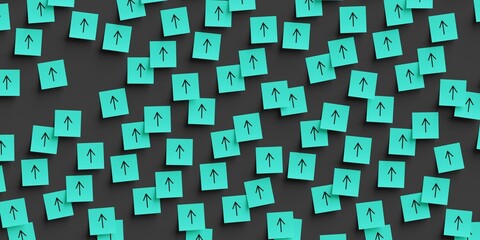 Many teal stickers on black board background with arrow pointing up symbol drawn on them. Flat layout. 3d render, Illustration