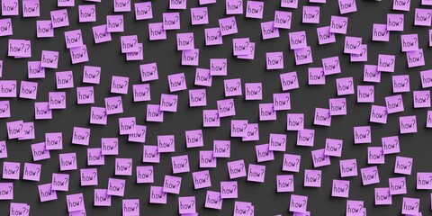 Many violet stickers on black board background with question how symbol drawn on them. Flat layout. 3d render, Illustration