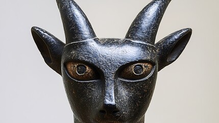 Obraz premium Close-up of an ancient, dark-colored, horned goat sculpture.
