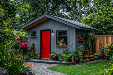 A gray shed with a red door surrounded by lush greenery in a garden setting on a sunny day