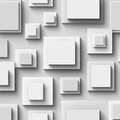 Abstract composition of white squares and geometric shapes arranged on a clean white canvas background