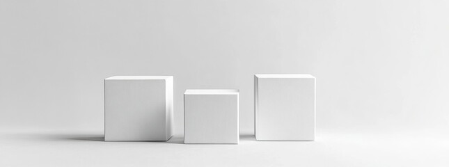 Three minimalist white boxes arranged on a pure white background for clean design and creative presentation ideas