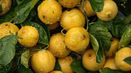 Fresh lemons and green leaves splashing in water with dynamic bubbles and droplets. Food background