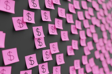 Many pink stickers on black board background with symbol of Bermuda dollar drawn on them. Closeup view with narrow depth of field and selective focus. 3d render, illustration