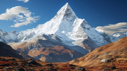 Majestic Himalayan peak, autumn valley, sunny day, travel poster