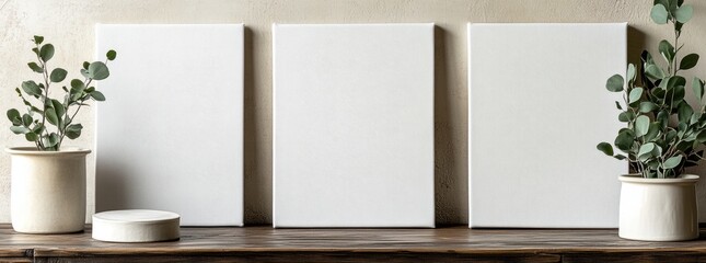 Three elegant vases filled with lush green plants adding a touch of nature to a stylish interior space