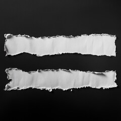 Two pieces of horizontally torn white textured paper isolated on black background ideal for art and creative design