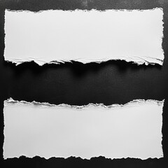 Pair of horizontally torn white textured paper pieces isolated on dark background for creative design and art projects