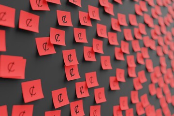 Many red stickers on black board background with symbol of Ghana cedi drawn on them. Closeup view with narrow depth of field and selective focus. 3d render, illustration