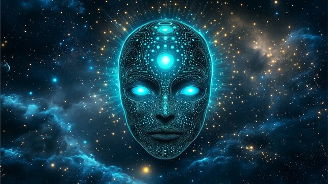 Hyper-realistic depiction of an ancient extraterrestrial species with bioluminescent patterns, emerging from a swirling nebula, their advanced technology infused with organic elements