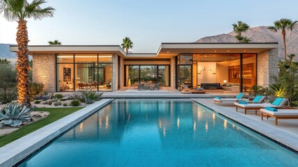 Fototapeta premium Desert Modern Home's Evening Poolside View