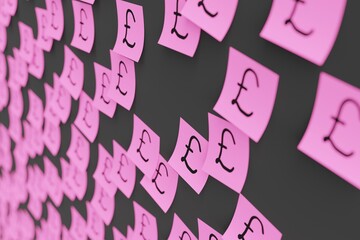 Many pink stickers on black board background with symbol of Syria pound drawn on them. Closeup view with narrow depth of field and selective focus. 3d render, illustration