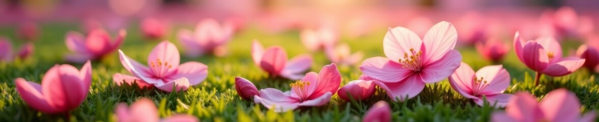 Obraz premium Close-up of cherry blossom petals on ground with green grass, delicate, blossom, spring