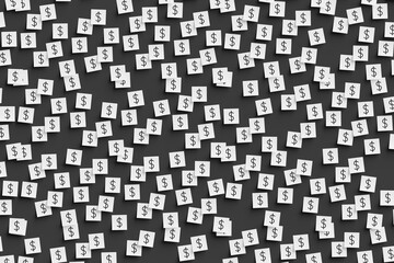Many white stickers on black board background with symbol of Bahamas dollar drawn on them. Flat view. 3d render, illustration