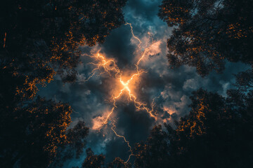 Obraz premium In the night sky, lightning flashes and thunder rumbles.