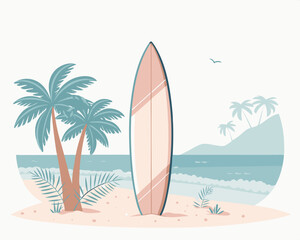 Surfboard Against Tropical Beach Background  
