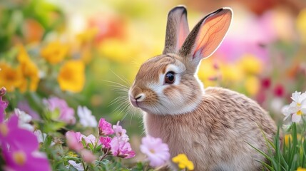 Fototapeta premium adorable bunny rabbit in spring flowers