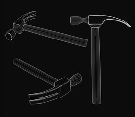 Three hammers are shown in a black and white photo. The hammers are all different sizes and shapes, but they all have the same basic design. The photo gives the impression of a collection of hammers