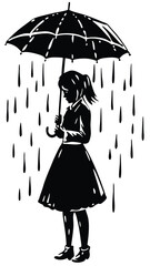 Black and white Silhouette of a woman in a dress walking under an umbrella in the rain