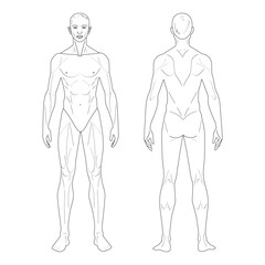 Two male line technical drawing croquis figures in two poses for flat fashion sketches and cads. Normal size vector mannequin design. 