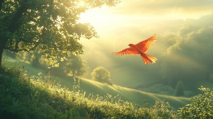 Sunrise Cardinal Soaring Over Rolling Hills