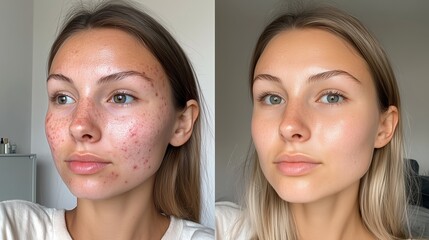 Russian woman's before-and-after photo shows skincare product effects, reducing redness and blemishes for clear, smooth skin