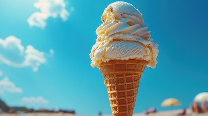 Creamy ice cream cone melting on sunny beach
