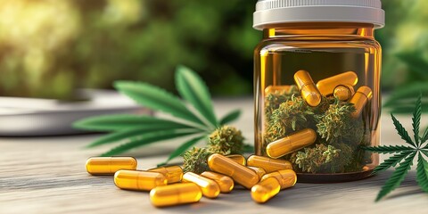 A jar filled with cannabis capsules and buds, surrounded by greenery, representing alternative wellness options.