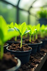 Close-up of young greenhouse seedlings in pots with fertile soil and watering can, pots, soil
