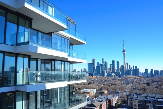 modern apartment building with glass balconies overlooking toronto city skyline under clear blue sky. urban living, architecture and cityscape.