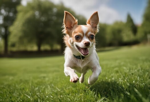chihuahua dog running on green grass of a public park, adorable purebreed pet playing outdoors in the meadown, doggy in the nature under a blue sky and a beautiful sunny day