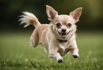 Obraz premium chihuahua dog running on green grass of a public park, adorable purebreed pet playing outdoors in the meadown, doggy in the nature under a blue sky and a beautiful sunny day