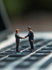 Business Agreement Between Miniature Figures on a Keyboard in a Creative Office Setting
