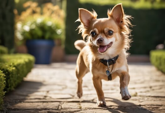 chihuahua dog running happy on the green grass of the gerden of elegant villa, doggy playing outddors in the coutyard of a house, adorable purebred pet