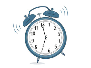 Illustration of a classic mechanical alarm clock with two bells and a hammer clangin. The clock face shows 7:00 AM, with motion lines indicating the ringing effect. Simple design on a white background