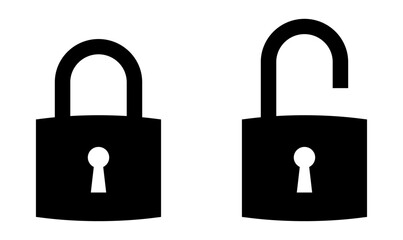 ロックアイコン。アプリ、UI、UX、DX、Webサイト用のロックとロック解除された黒いアウトラインアイコン。透明な背景のベクターイラスト。